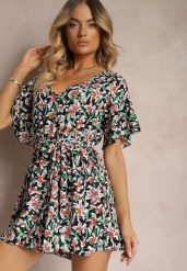 Czarno-Zielony Kombinezon z Dekoltem w Serek z Gumką w Talii i Materiałowym Paskiem Tessanda. Czarne sukienki Renee, na co dzień, l, bez wzorów, z materiału, eleganckie, bez kołnierzyka, bez ramiączek, kopertowe. Za 44.99 zł.