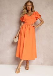 Pomarańczowa Taliowana Sukienka Maxi z Falbanami Giftis. Brązowe sukienki Renee, na imprezę, m, z aplikacjami, bez kołnierzyka, bez ramiączek, maxi. Za 59.99 zł.