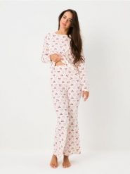 Prążkowana piżama dwuczęściowa w kokardki - kremowy. Białe piżamy Sinsay, bez wzorów, prążkowane, bez ramiączek. Za 59.99 zł.