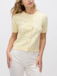 Ażurowy kardigan - jasnożółty. Żółte kardigany Reserved, l, w ażurowe wzory, z bawełny. Za 99.99 zł.