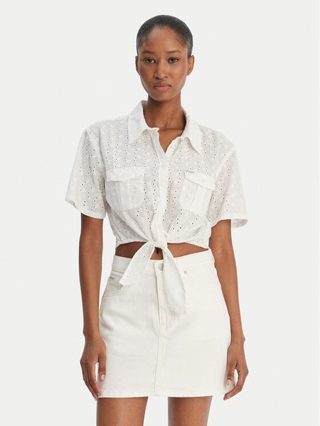 Guess Jeans Koszula W6GHA3 WO331 Biały Regular Fit. Białe koszule Guess Jeans, xl, z aplikacjami, z bawełny, bez kołnierzyka, bez ramiączek. Za 216.99 zł.