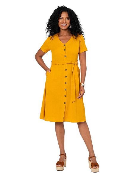 Aller Simplement Sukienka w kolorze żółtym rozmiar: 38/40. Żółte sukienki Aller Simplement, bez wzorów, klasyczne, bez kołnierzyka, bez ramiączek, midi. Za 105.38 zł.