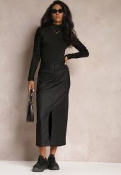 Czarna Spódnica Zapinana na Zamek z Kieszeniami i Guzikiem o Dopasowanym Fasonie Bahar. Czarne spódnice Renee, m, bez wzorów, eleganckie, maxi, dopasowane. Za 79.99 zł.