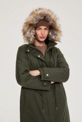 Kurtka parka z kapturem khaki. Brązowe kurtki MOODO, s, bez wzorów, z poliesteru, z kapturem. Za 359.99 zł.