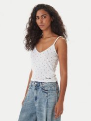 Guess Jeans Top W6GPB5 KH172 Biały Regular Fit. Białe topy Guess Jeans, xl, z aplikacjami, z jeansu, bez kołnierzyka, bez ramiączek. Za 168.99 zł.