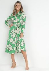 Zielona Koszulowa Sukienka na Guziki w Kwiaty Mivy. Zielone sukienki Born2be, l, bez wzorów, z materiału, bez kołnierzyka, bez ramiączek, midi, koszulowe. Za 169.99 zł.