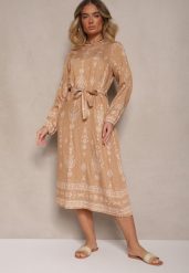 Beżowa Pudełkowa Sukienka Boho w Etniczne Wzory z Paskiem Lisalenea. Brązowe sukienki Renee, na co dzień, na lato, s, bez wzorów, boho, bez kołnierzyka, bez ramiączek, midi. Za 79.99 zł.