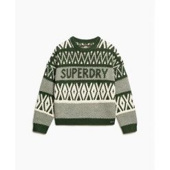 Sweter z wzorem damski Superdry. Zielone swetry Superdry, na zimę, bez wzorów, z dzianiny, bez ramiączek. Za 338.50 zł.