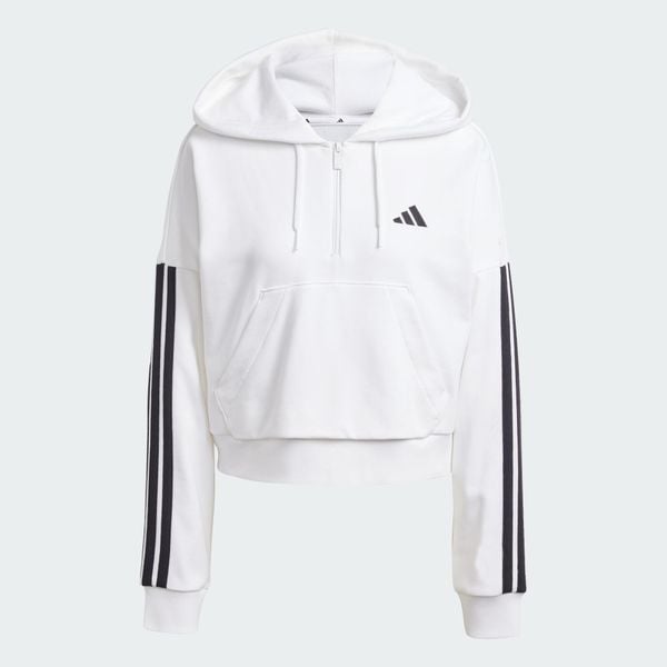 Bluza z kapturem Essentials 3-Stripes French Terry Quarter-Zip. Białe bluzy Adidas, m, bez wzorów, z bawełny, z kapturem. Za 259.00 zł.