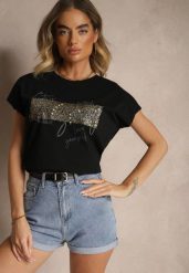 Czarny Bawełniany T-shirt z Cyrkoniami Perłami i Rękawami Nietoperz Inellira. Czarne t-shirty Renee, l, z aplikacjami, z bawełny, bez kołnierzyka, bez ramiączek. Za 39.99 zł.