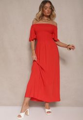 Czerwona Rozkloszowana Sukienka Hiszpanka z Bawełny z Elastyczną Górą Maissa. Czerwone sukienki Renee, na co dzień, l, bez wzorów, z bawełny, eleganckie, bez kołnierzyka, bez ramiączek, midi, rozkloszowane. Za 39.99 zł.
