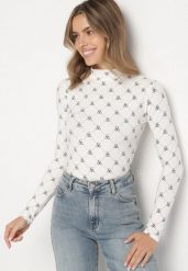 Biała Bawełniana Bluzka z Półgolfem Typu Longsleeve z Geometrycznym Wzorem Tilianna. Białe bluzki Born2be, l, bez wzorów, z bawełny, biznesowe, bez kołnierzyka, bez ramiączek. Za 39.99 zł.