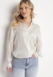 Biała Koszula Oversize z Lnu i Wiskozy Zdobiona Metalicznymi Paskami Ulienna. Białe koszule Born2be, z aplikacjami, z jeansu, eleganckie, bez kołnierzyka, bez ramiączek. Za 84.99 zł.