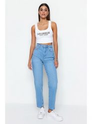 Trendyol Dżinsy - Tapered fit - w kolorze błękitnym rozmiar: 44. Niebieskie jeansy Trendyol, bez wzorów, z podwyższonym stanem. Za 88.02 zł.