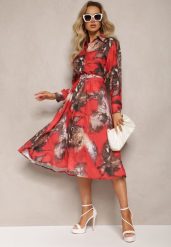 Czerwono-Brązowa Rozkloszowana Sukienka Midi z Paskiem z Klamrą Qirvina. Czerwone sukienki Renee, na co dzień, l, bez wzorów, eleganckie, bez kołnierzyka, bez ramiączek, midi, proste. Za 44.99 zł.
