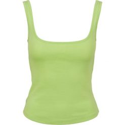 Damski klasyczny miejski top z szerokim wycięciem. Żółte topy Urban Classics, bez wzorów, bez kołnierzyka, bez ramiączek. Za 93.00 zł.