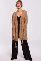 Długi kardigan ażurowy sweter z paskiem beżowy. Brązowe kardigany MOE, l, w ażurowe wzory, z dzianiny. Za 249.00 zł.