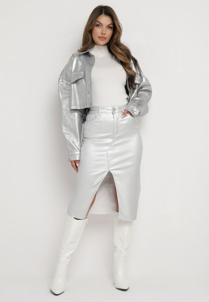 Srebrna Metaliczna Spódnica Ołówkowa Midi Serenetta. Szare spódnice Born2be, m, bez wzorów, z tkaniny, midi, dopasowane. Za 119.99 zł.