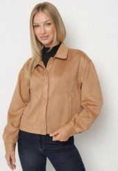Beżowa Koszulowa Kurtka z Imitacji Zamszu z Ozdobnymi Przeszyciami Arenella. Brązowe kurtki Born2be, l, bez wzorów, z jeansu, bez kaptura. Za 159.99 zł.