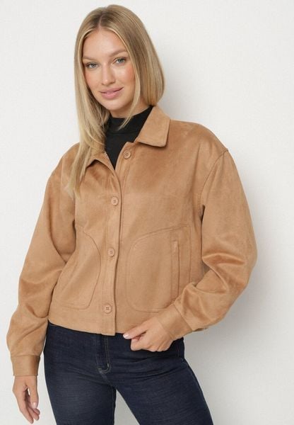 Beżowa Koszulowa Kurtka z Imitacji Zamszu z Ozdobnymi Przeszyciami Arenella. Brązowe kurtki Born2be, l, bez wzorów, z jeansu, bez kaptura. Za 159.99 zł.