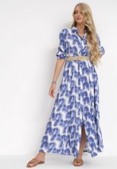 Niebieska Rozkloszowana Sukienka Maxi z Plecionym Paskiem i Wsuwanymi Kieszeniami Suttyn. Niebieskie sukienki Born2be, na lato, l, bez wzorów, bez kołnierzyka, bez ramiączek, maxi, rozkloszowane. Za 109.99 zł.