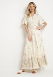 Beżowa Wiskozowa Sukienka Boho o Rozkloszowanym Kroju z Haftem i Wiązaniem Lilvanis. Brązowe sukienki Born2be, na co dzień, l, bez wzorów, z jeansu, boho, bez kołnierzyka, bez ramiączek, maxi, rozkloszowane. Za 149.99 zł.