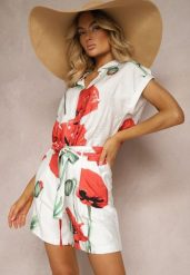 Beżowo-Czerwone Szorty Bermudy z Wzorem w Maki i Wiązaniem w Pasie Liecara. Brązowe szorty Renee, bez wzorów, z materiału. Za 79.99 zł.