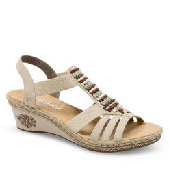 Sandały Rieker. Brązowe sandały Rieker, bez wzorów, bez obcasa, na koturnie, bez zapięcia. Za 259.99 zł.