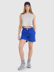4F Spodenki casual damskie - niebieskie XL. Niebieskie szorty 4f, bez wzorów, z dresówki, casualowe. W wyprzedaży za 59.99 zł.