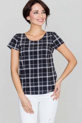 Czarna Bluzka w Kratę z Krótkim Rękawem. Czarne bluzki Katrus, l, bez wzorów, bez kołnierzyka, bez ramiączek. Za 159.00 zł.