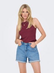 ONLY Top dzianinowy w kolorze bordowym rozmiar: XS. Czerwone topy Only, xs, bez wzorów, z dzianiny, bez kołnierzyka, bez ramiączek. Za 52.95 zł.