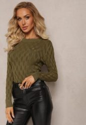 Zielony Sweter z Okrągłym Dekoltem i Tłoczeniami w Kształcie Liści Timaphone. Zielone swetry Renee, z aplikacjami, bez ramiączek. Za 54.99 zł.