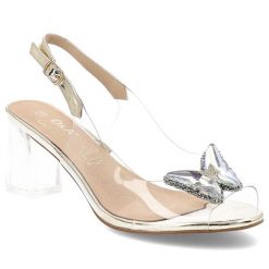 Sandały damskie S. Barski, eleganckie na obcasie z ozdobnym motylem transparentne, złote, MR42-326. Żółte sandały S.BARSKI, z aplikacjami, eleganckie, bez obcasa, na obcasie, bez zapięcia. Za 109.00 zł.