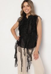 Czarna Koszula z Ozdobnymi Falbanami Adoria. Czarne koszule Born2be, m, bez wzorów, eleganckie, bez kołnierzyka, bez ramiączek. Za 139.99 zł.