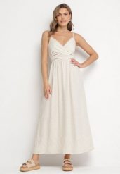 Beżowa Rozkloszowana Sukienka z Wiskozy i Lnu z Haftem w Stylu Boho Daniris. Brązowe sukienki Born2be, na co dzień, na lato, m, bez wzorów, z wiskozy, boho, bez kołnierzyka, bez ramiączek, maxi, rozkloszowane. Za 89.99 zł.