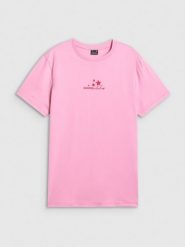 4F T-shirt oversize z nadrukiem damski - różowy M. Czerwone t-shirty 4f, m, bez wzorów, z dzianiny, bez kołnierzyka, bez ramiączek. Za 79.99 zł.