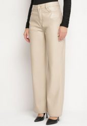 Beżowe Spodnie o Szerokim Kroju z Wysokim Stanem z Ekoskóry Enadria. Brązowe spodnie materiałowe Born2be, na co dzień, l, bez wzorów, z jeansu, z podwyższonym stanem. Za 54.99 zł.