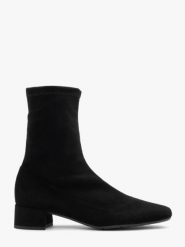 Czarne botki z tkaniny. Czarne botki Brawo sp. z o.o., bez wzorów, z syntetyku, bez obcasa, na słupku, bez zapięcia. Za 379.99 zł.