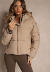 Beżowa Kurtka Puffer z Pikowaniem Kapturem i Kieszonką przy Rękawie Galeida. Brązowe kurtki narciarskie Renee, l, bez wzorów, z jeansu, narciarskie. Za 149.99 zł.