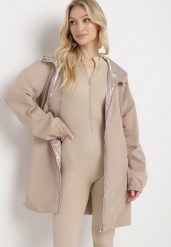 Beżowa Przejściowa Kurtka Dwustronna z Kapturem i Metalicznym Połyskiem Tashta. Brązowe kurtki Born2be, l, bez wzorów, z kapturem. Za 109.99 zł.