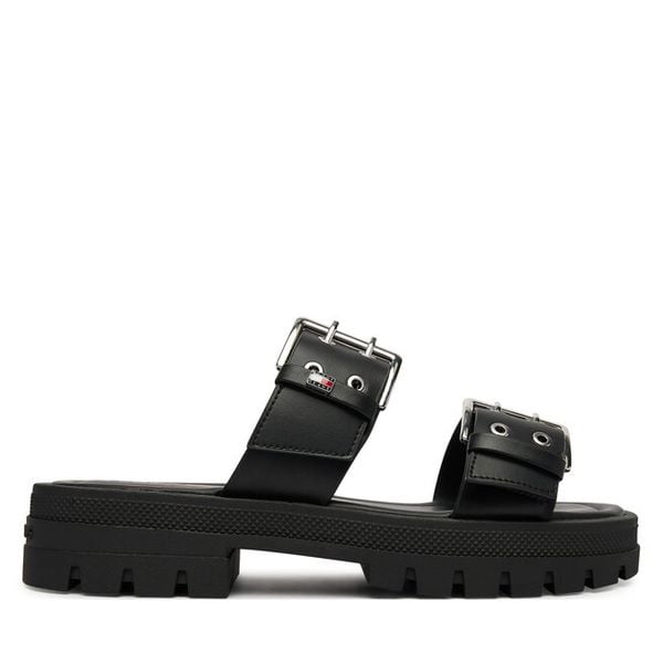 Klapki Tommy Jeans. Czarne klapki Tommy Jeans, bez wzorów, z jeansu, bez obcasa. Za 265.99 zł.