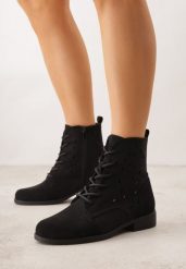 Czarne Sznurowane Botki z Ażurową Cholewką Zeliana. Czarne botki Born2be, w ażurowe wzory, z jeansu, bez obcasa, na płaskiej podeszwie, bez zapięcia. Za 129.99 zł.