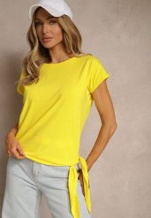 Żółty T-shirt z Bawełny z Ozdobnym Wiązaniem Termio. Żółte t-shirty Renee, s, bez wzorów, z bawełny, bez kołnierzyka, bez ramiączek. W wyprzedaży za 24.49 zł.