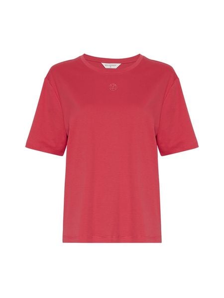 MOSS COPENHAGEN Koszulka "Melea" w kolorze koralowym rozmiar: M/L. Czerwone bluzki Moss Copenhagen, l, bez wzorów, z bawełny, bez kołnierzyka, bez ramiączek. Za 70.08 zł.