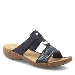 Klapki Rieker. Niebieskie klapki Rieker, bez wzorów, bez obcasa. Za 269.99 zł.
