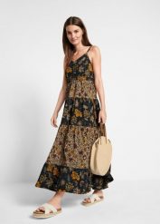 Sukienka maxi z falbanami. Czarne sukienki bonprix, bez wzorów, bez kołnierzyka, bez ramiączek, maxi. Za 149.99 zł.