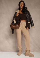 Ciemnobeżowe Spodnie z Wełną ze Sznurkiem i Ozdobnymi Kieszeniami Moneressa. Brązowe spodnie materiałowe Renee, na co dzień, l, bez wzorów, z jeansu. Za 69.99 zł.