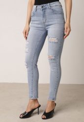 Niebieskie Bawełniane Jeansy o Kroju Slim z Przetarciami Elledima. Niebieskie jeansy Born2be, l, bez wzorów. Za 99.99 zł.