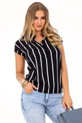 Czarna Bluzka Polo w Paski z Krótkim Rękawem. Czarne bluzki Merribel, l, bez wzorów, z materiału, bez kołnierzyka, bez ramiączek. Za 89.90 zł.
