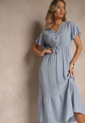Niebieska Rozkloszowana Sukienka z Bawełny Zdobiona Guzikami Folennea. Niebieskie sukienki Renee, na co dzień, l, z aplikacjami, z bawełny, eleganckie, bez kołnierzyka, bez ramiączek, midi, rozkloszowane. Za 49.99 zł.